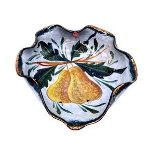 Vintage Hand-Painted Leaf Shape w Pears and Gold Majolica Serving Dish  ITALY
